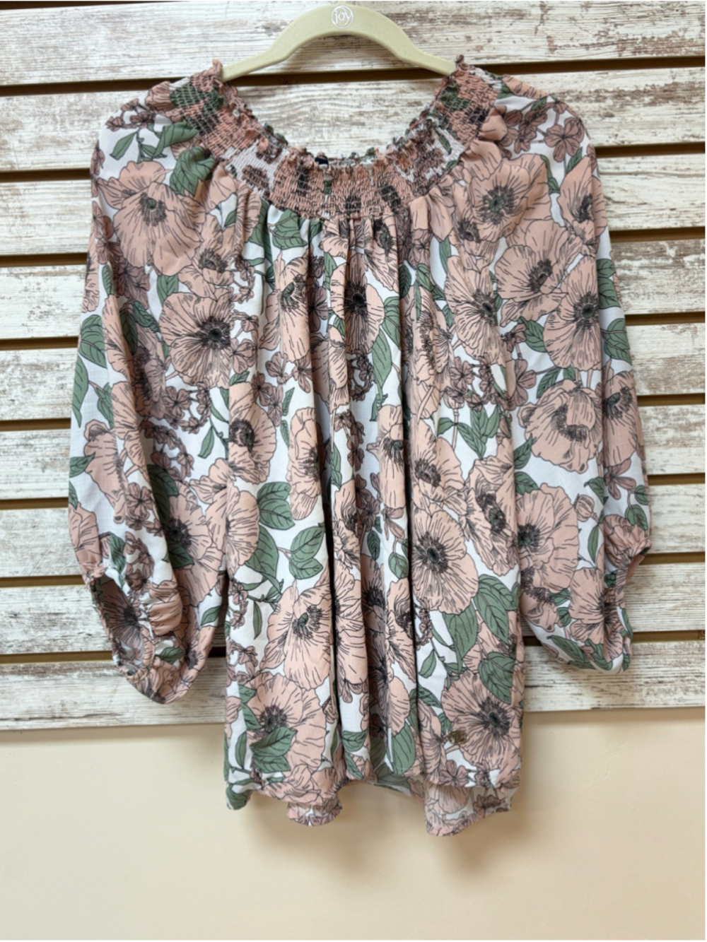 Adrienne Vittadini Floral Smocked Neck Blouse Pink Green XL